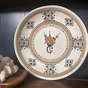Vintage Berber Hand-Painted Ceramic Platter 12.5" – Large Moroccan / Tunisian Clay Serving Bowl