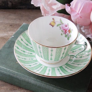 Crown Staffordshire Green and White Footed Tea Cup and Saucer Set Numbered F9403 English Bone China Replacement China, Princess Tea Party