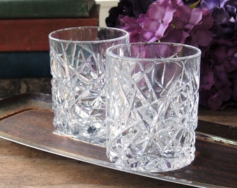 Bevel Cut Vintage Whiskey Glasses Set of 2 Old Fashioned Rocks Glasses Bar Cart Barware