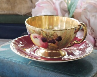 Aynsley Red and Gold Orchid Tea Cup and Saucer Set, English Bone China Numbered 746