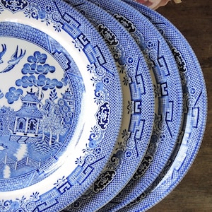 Churchill Willow Blue and White Dinner Plates Set of 4 Plates for Weddings English Blue Transferware English China Microwave/Dishwasher Safe