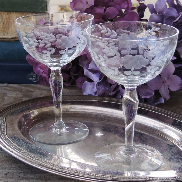 Vintage Etched Optic Style Crystal Champagne Glasses Set of 2 Etched Base Tall Sherbet Glasses