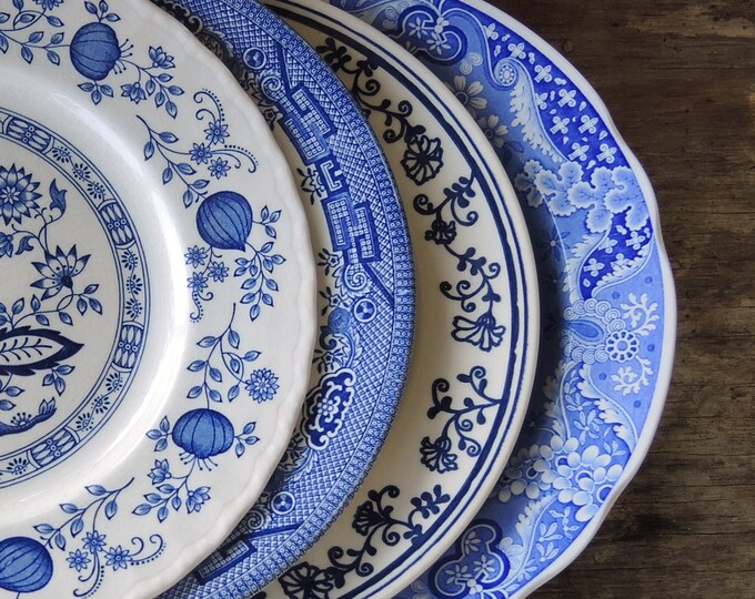 Mismatched Blue and White Dinner Plates Set of 4 Blue Transferware