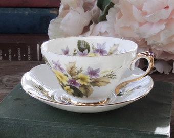 Royal Sutherland China Purple and Yellow Flowers Teacup and Saucer Set, English Bone China Made in England