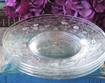 Vintage Etched Florals and Cross Blades Glass Salad Plates Set of 4 Clear Glass Plates Bridesmaid Luncheon Set