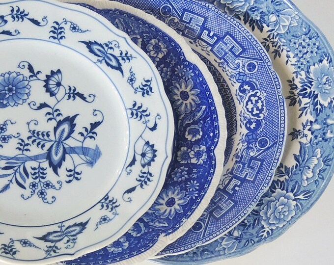 Mismatched Blue and White Dinner Plates for Weddings Set of 4, English