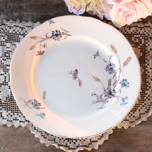 May include: A white ceramic plate with a gold rim features a delicate floral design. The pattern includes blue and brown stylized flowers and wheat stalks.