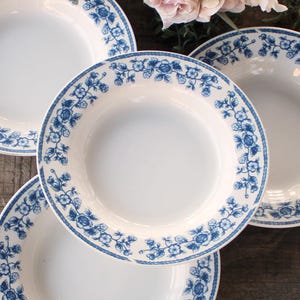 May include: Four white ceramic plates with a blue floral border. The plates are arranged on a wooden surface, showcasing a classic design. The blue floral pattern adds a touch of elegance to the tableware.