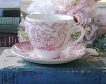 English Ironstone Tableware Teacup & Saucer Set EIT River Scenes Pink Transferware , Red Transferware AS IS