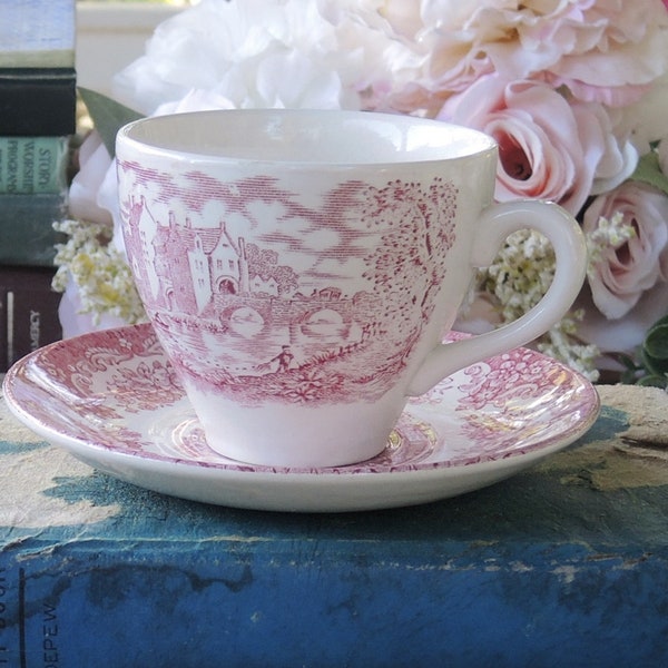 English Ironstone Tableware Teacup & Saucer Set EIT River Scenes Pink Transferware , Red Transferware AS IS