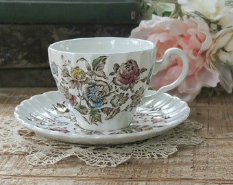Vintage Johnson Brothers Staffordshire Bouquet Tea Cup Set, Bridesmaid Inspired Gifts,English Country, Rustic, Ironstone, Tea Party