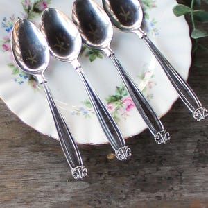 May include: Four silver spoons with ornate handles rest on a floral patterned plate. The spoons have a reflective surface and a decorative design at the base of the handle. The plate has a white rim and a delicate floral pattern.