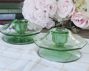 Green Depression Era Uranium Glass Mushroom Style Candle Holders Set of 2 Oak Leaf Fostoria