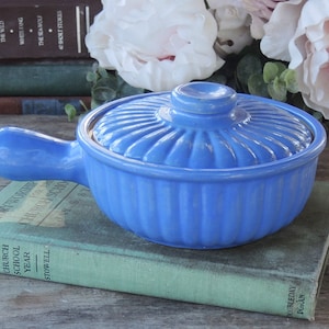 May include: A blue ceramic casserole dish with a lid and a handle. The dish is sitting on a stack of books.