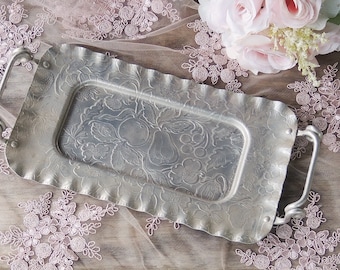 Vintage Aluminum Handled Rectangle Serving Tray, Fruit & Flowers Pattern Hand Finished Aluminum Tray Crimped Edge and Loop Handles