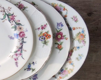 Mismatched Bread Plates Set of 4 Vintage White with Pink Flowers Dessert Plates Tea Party