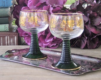 Cristal D'Arques Roemer Green Gold Gilt Wine Glasses Set of 2 Green Stem Made in France