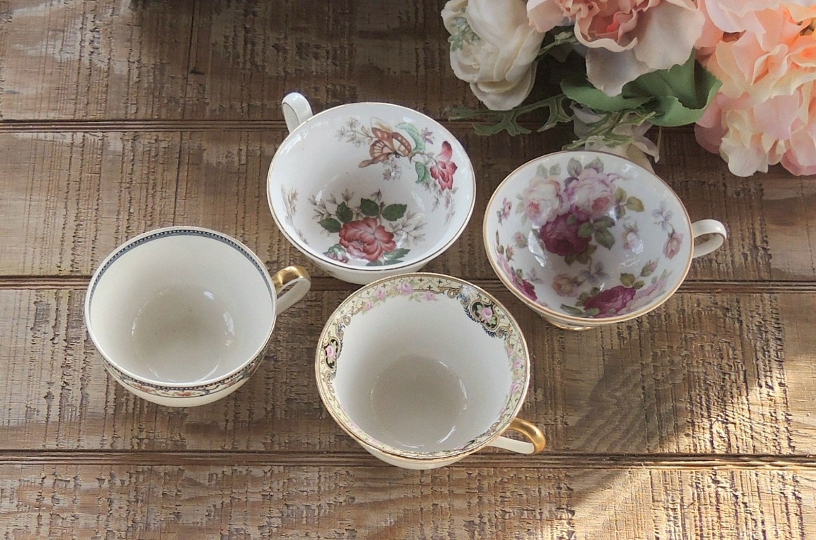 Mismatched Cottage Style Tea Cups Set of 4 Shabby Chic Tea | Etsy