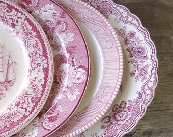 Mismatched Red Transferware Salad Plates Set of 4 Replacement China Red Transferware Pink White Transferware Plates