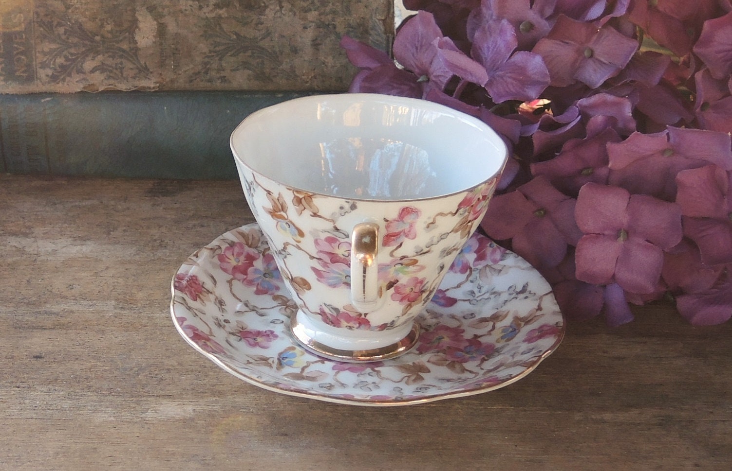 Lefton China Violet Chintz Tea Cup Set Made in Japan 2119