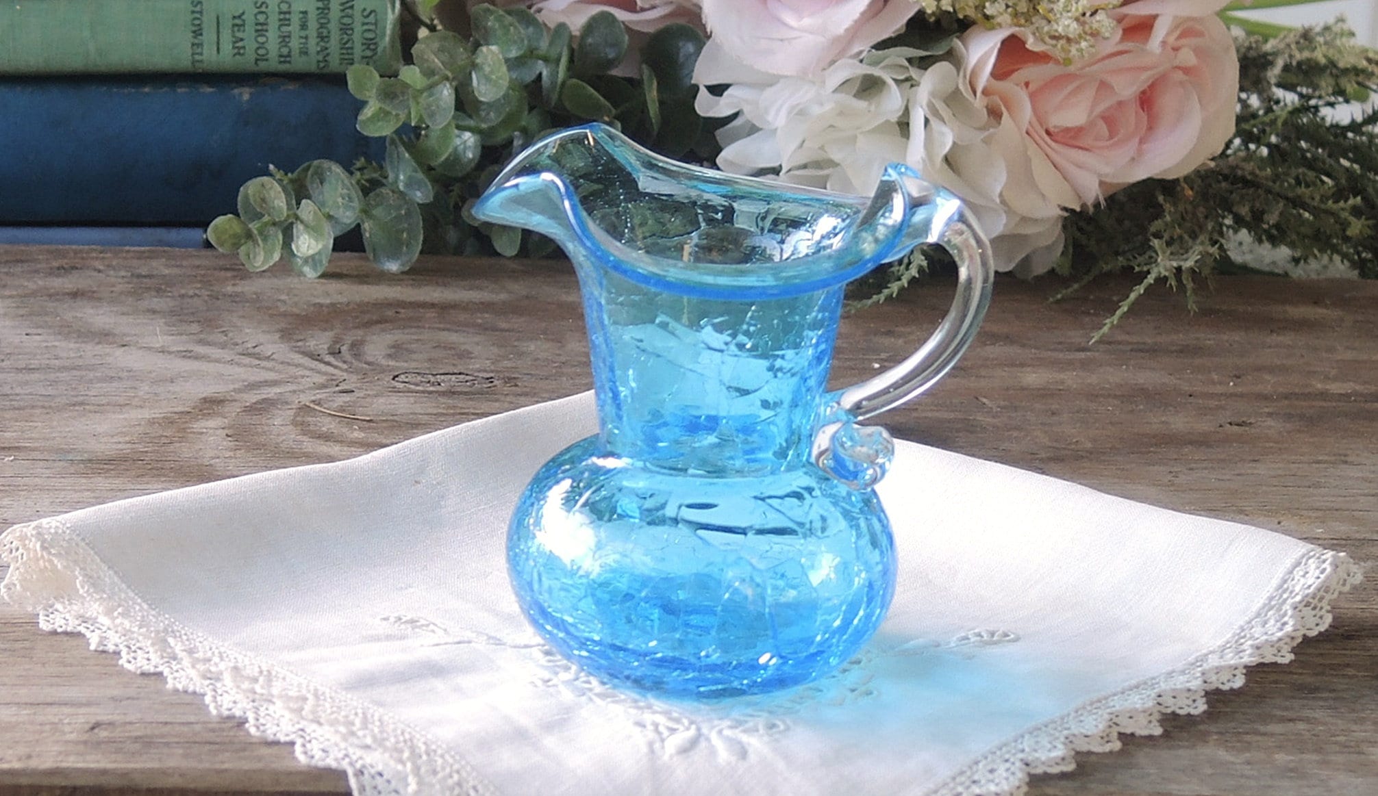Modern Aqua Blue Blenko Glass Crackled Glass Handled Small Pitcher