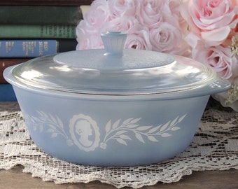 Jeanette GLASBAKE Cameo Pattern Covered Casserole Dish, Tea Party, Wedding, Cottage Style, Housewarming Gift Inspired