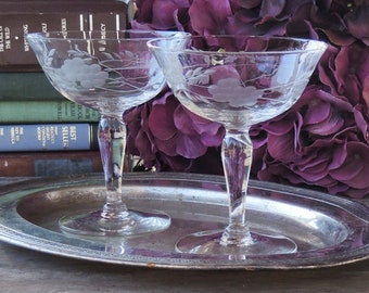 Floral Etched Crystal Coupe Champagne Glasses Set of 2 Low Sherbet Glasses Bar Cart Barware For the Bride and Groom