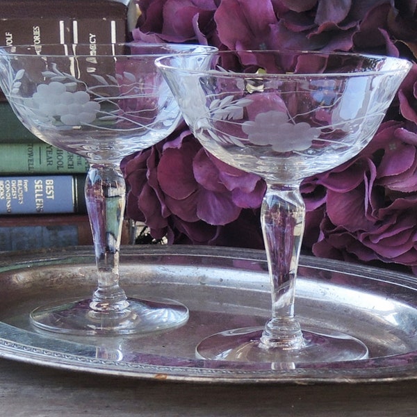 Floral Etched Crystal Coupe Champagne Glasses Set of 2 Low Sherbet Glasses Bar Cart Barware For the Bride and Groom