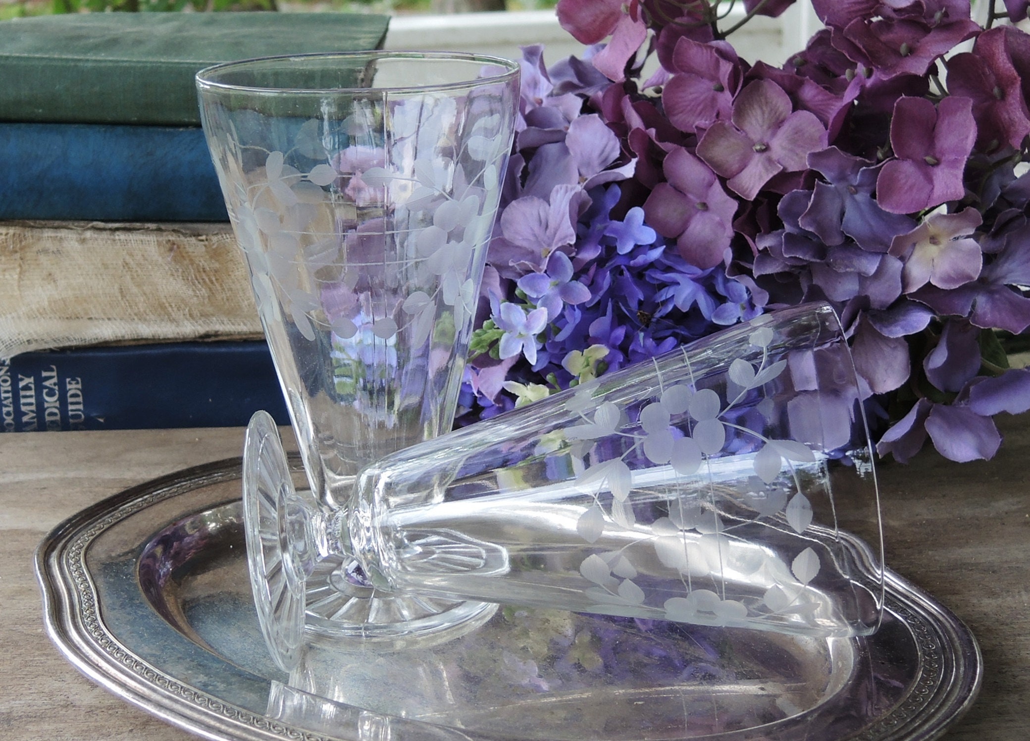 Floral Etched Ice Tea Glasses Set of 2 Footed Crystal Etsy