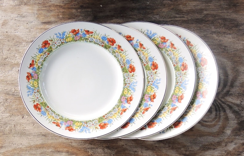 Empire China Flanders Salad Plates Set of 4 Orange Poppies Pattern Made in England Tea Party Plates Cottage Style Wedding China