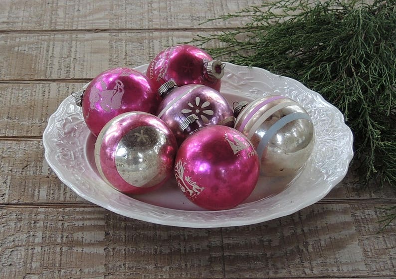 ON SALE Vintage Shiny Brite Blown Glass Bright Pink Assorted Ornaments Set of 6 Shiny Pink Holiday Decor Tree Trimming Mercury Glass