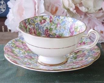 Rosina-Queens Floral Chintz Tea Cup and Saucer Set, Princess Tea Party Tea Cup Set English Bone China Mid Century Ca 1950s Numbered #5025