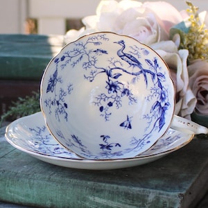 May include: White teacup and saucer set with a blue bird and floral design. The teacup and saucer have a scalloped edge and gold trim. The set is placed on a vintage book with a green cover.