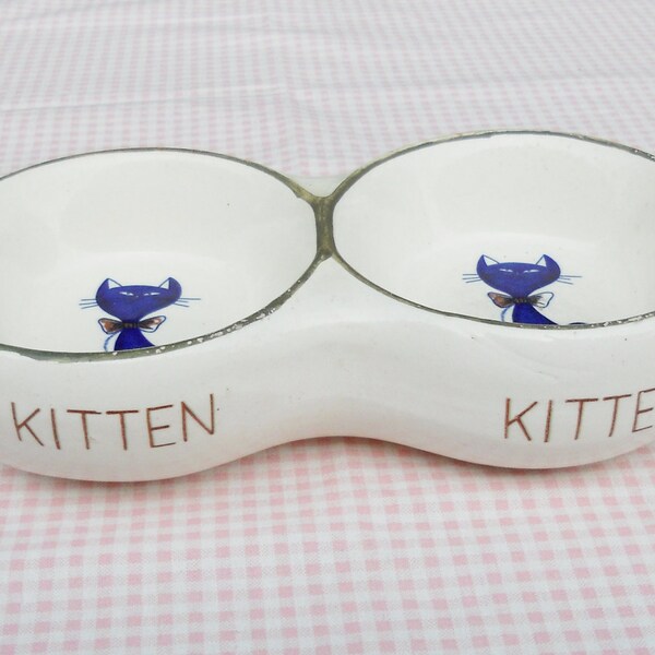 Cat Food Divided Serving Bowl - Vintage, Retro, Feline, Ceramic, Small, Pottery, Pet, Kitty