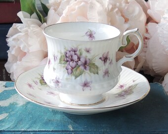 Rosina Queens Violets Tea Cup and Saucer Set, Tea Party, Wedding, English Bone China Mid Century, Ca. 1950's
