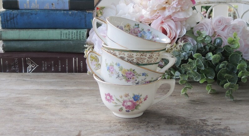 Mismatched Cottage Style Teacups Set of 4 Mix and Match English Cottage Style, Soy Candle Cups, Bridesmaid Gifts image 1