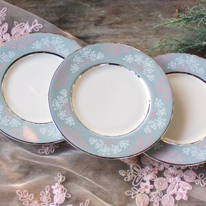 May include: Three pastel blue and pink floral patterned ceramic dinner plates with silver trim.