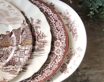 Mismatched Brown Transferware Dinner Plates Set of 4  English Multicolor Transferware English China Rustic Replacement China