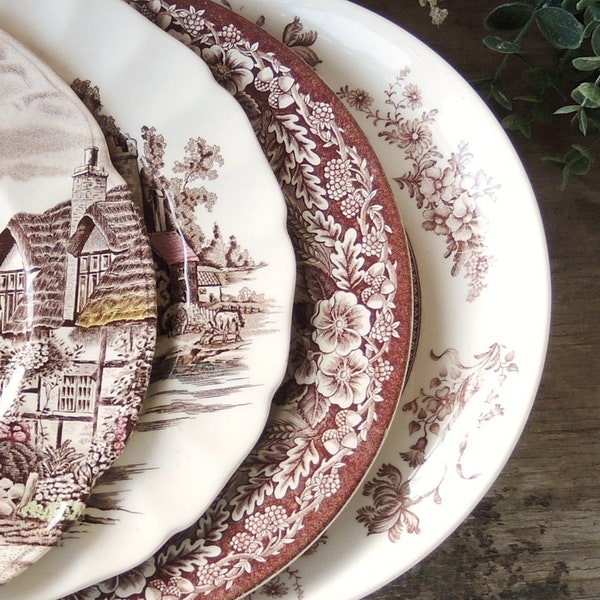 Mismatched Brown Transferware Dinner Plates Set of 4  English Multicolor Transferware English China Rustic Replacement China