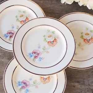 May include: Four white ceramic plates with a gold rim and floral design. The plates feature a delicate floral pattern with pink, orange, and blue flowers.