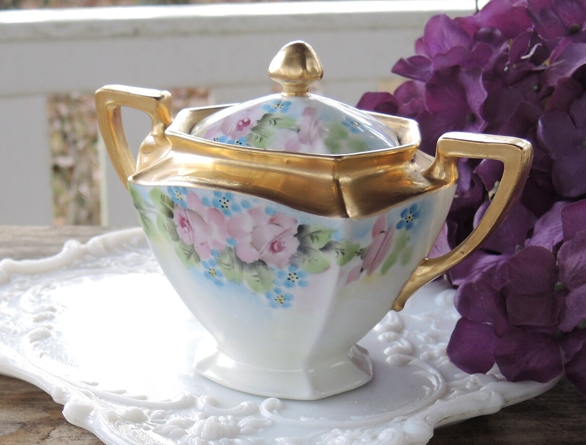 Pink and Blue Floral Sugar Bowl Covered Sugar Dish Tea Party Etsy