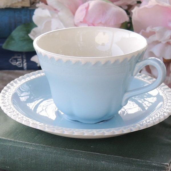 Harker Chesterton Blue Tea Cup Set Harkerware  Mid Century Farmhouse China Ca. 1950s