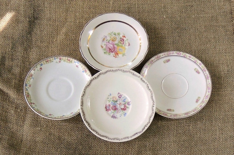 Vintage Mismatched China Saucers for Weddings Set of 4 Replacement China Bridal Luncheons Tea Party Hostess Gift Bridesmaid Gift,
