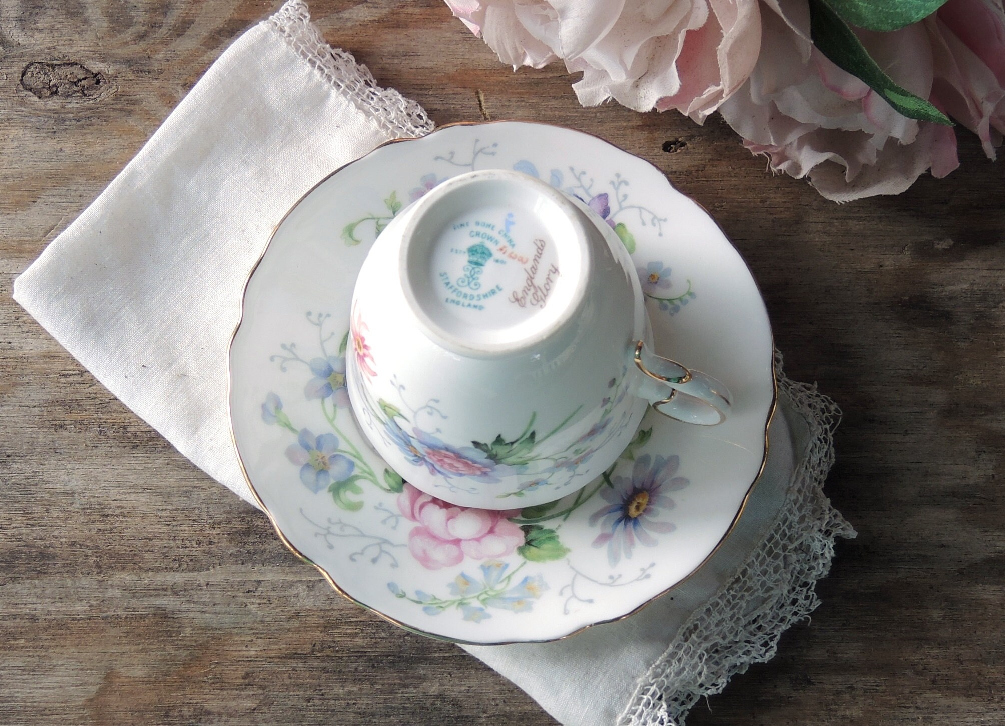 Crown Staffordshire Englands Glory Tea Cup and Saucer Set English