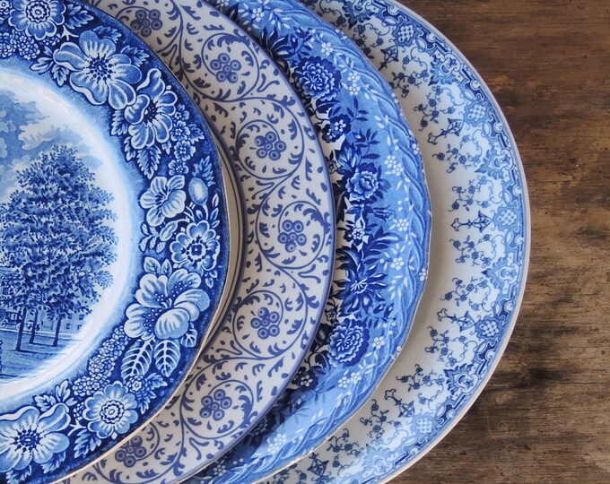 Mismatched Blue and White Dinner Plates for Weddings Set of 4 English