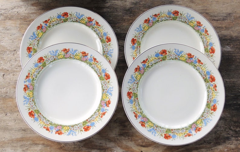 Empire China Flanders Salad Plates Set of 4 Orange Poppies Pattern Made in England Tea Party Plates Cottage Style Wedding China
