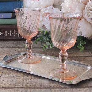 Cristal D&#39;Arques Rosaline Wine Goblets Set of 2 Pink Swirl Glass Arcoroc France Wine Glasses Luminarc Durand