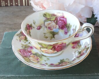 Royal Chelsea Yellow and Deep Pink Roses Tea Cup Set Fine English Bone China Elegant Tea Party Numbered T40269