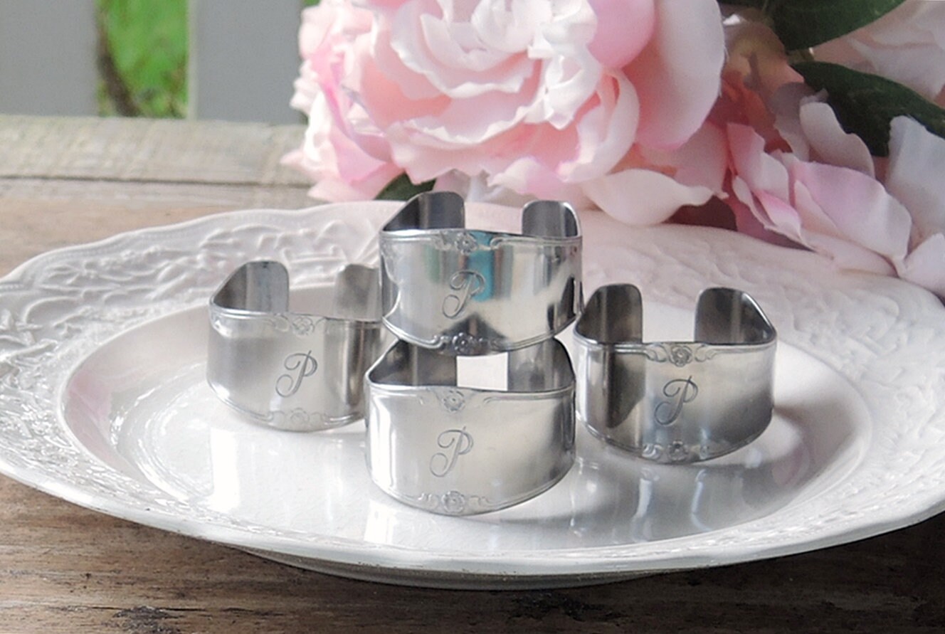 Vintage Stainless Steel Custom Craft Initial P Napkin Rings Set of