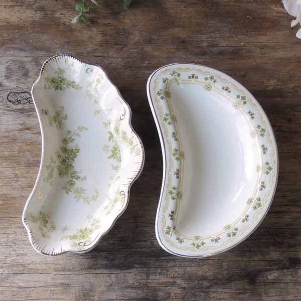 Mismatched Green and Cream Bone Dishes Set of 2 Crescent Shape Dishes Tea Party Supplies, Wedding Table Decor Trinket Dishes